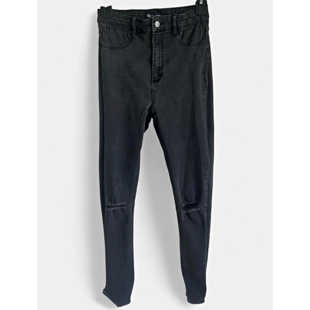 ZARA Womens Size 6 Black High Rise Skinny Jeans Distressed Ripped Raw Hem